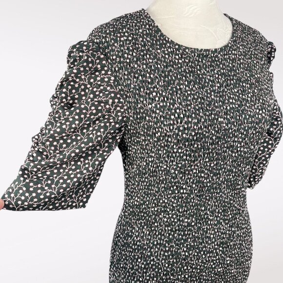 French Connection Smocked Puff Sleeve Floral Crepe Mini Dress Black Pink XS - Picture 8 of 11